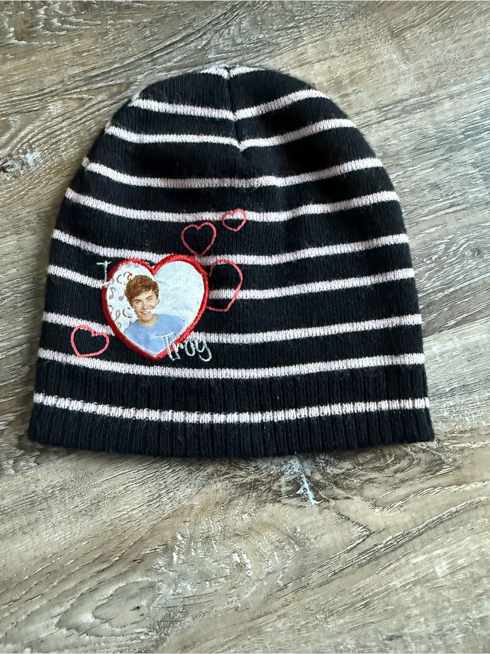 Black & White Striped Kids Beanie Hat with Heart Patch